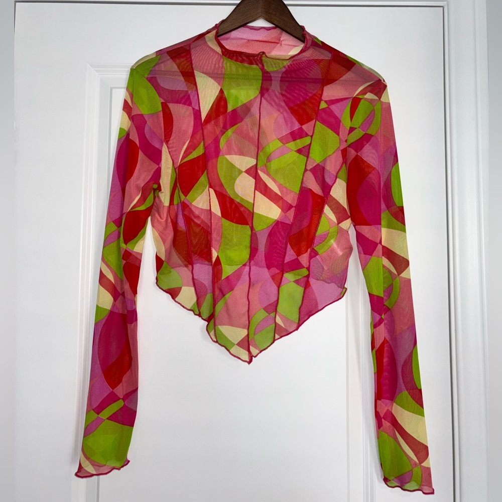 Y2K Sheer Stretch Mesh Top Vibrant-Mod Geometric Print LS Mock Neck Lettuce Trim